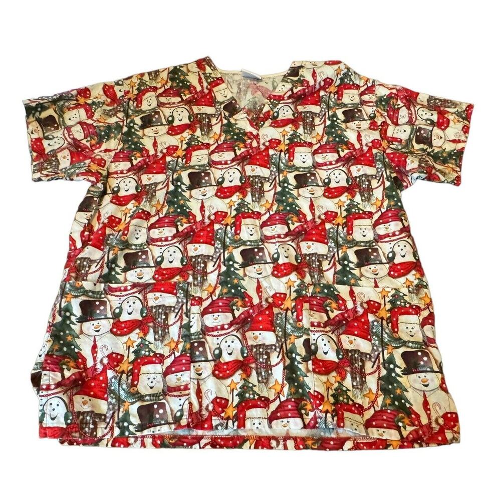 Peaches Uniforms Scrub Top Womens Medium (?) Snowman Holiday Veterinarian READ